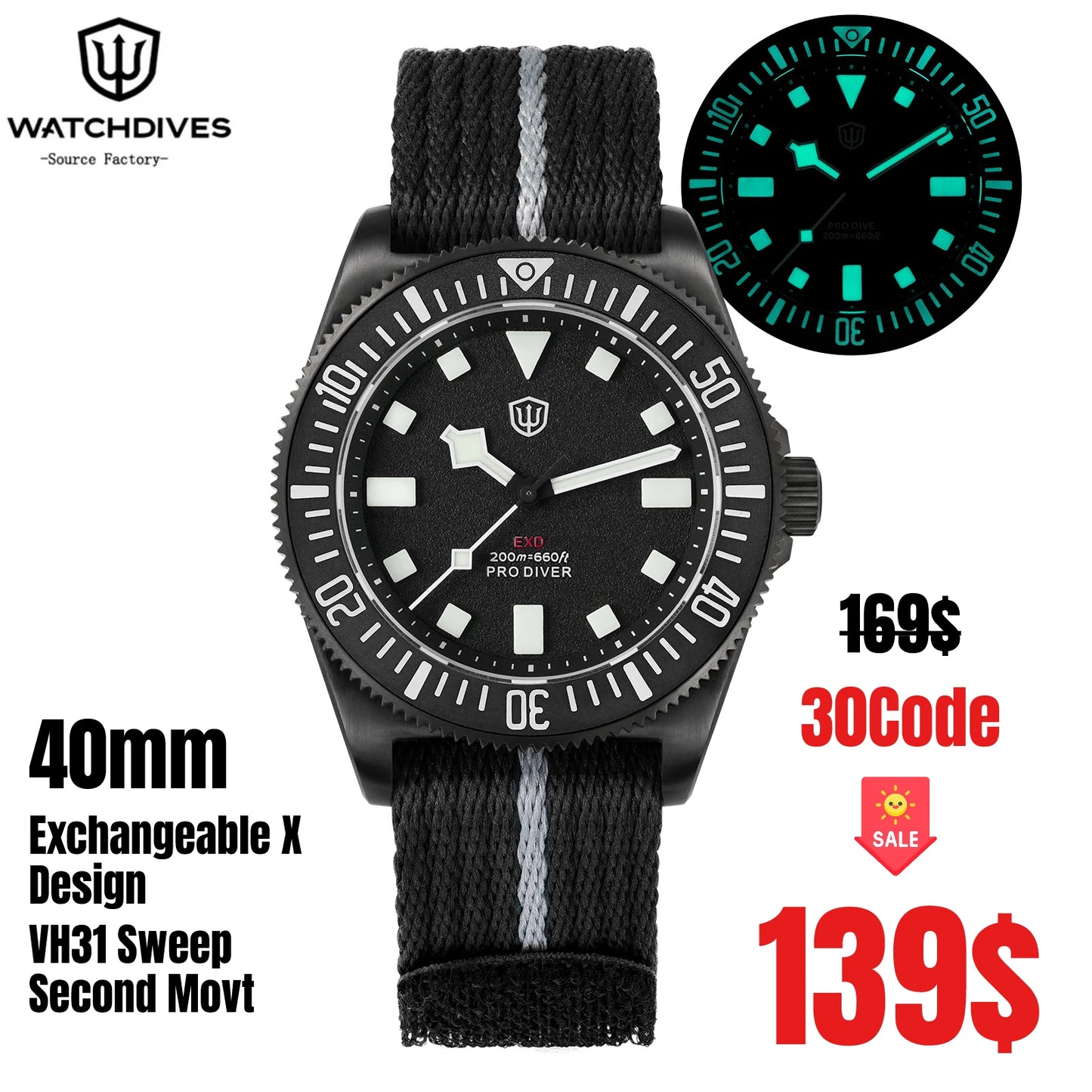 Watchdives EXD 40mm Titanium Dive Watch VH31 Sweep Second Movt Sapphire BGW9 Lume 200M WR Ceramic Bezel Interchangeable Strap