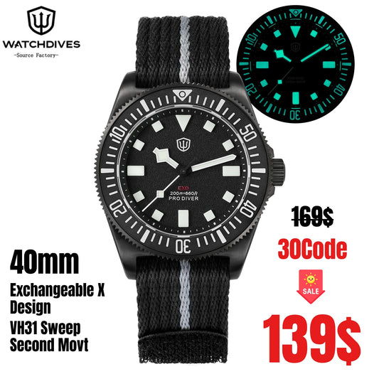Watchdives EXD 40mm Titanium Dive Watch VH31 Sweep Second Movt Sapphire BGW9 Lume 200M WR Ceramic Bezel Interchangeable Strap