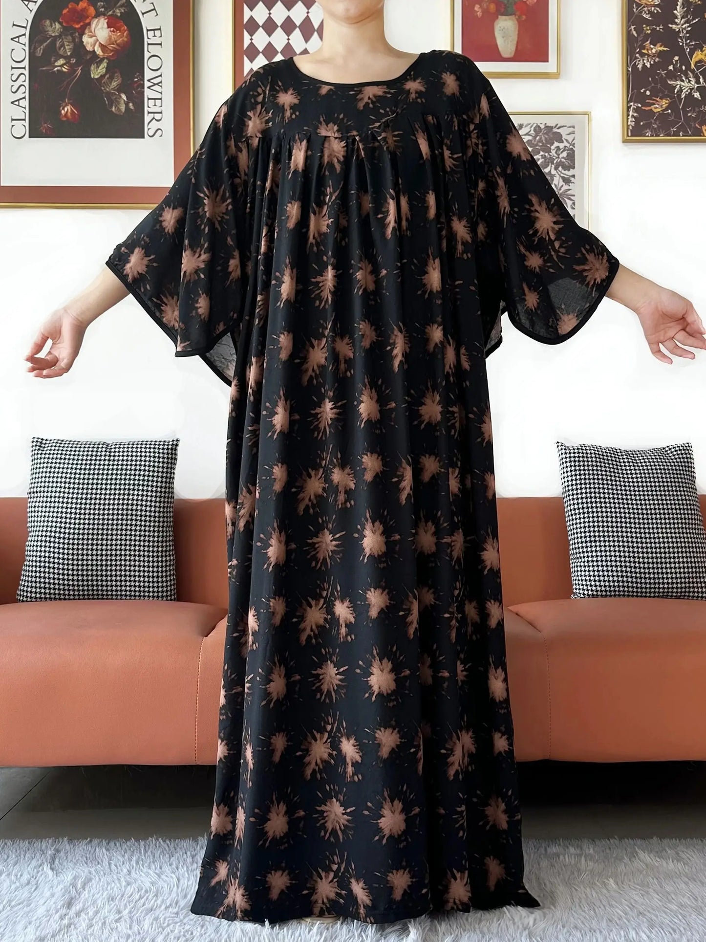 2025 New Loose Floral Dress Short Sleeve Cotton Women Abaya with Big Scarf Boho Maxi Dress Casual Fashion Dress African Vestidos