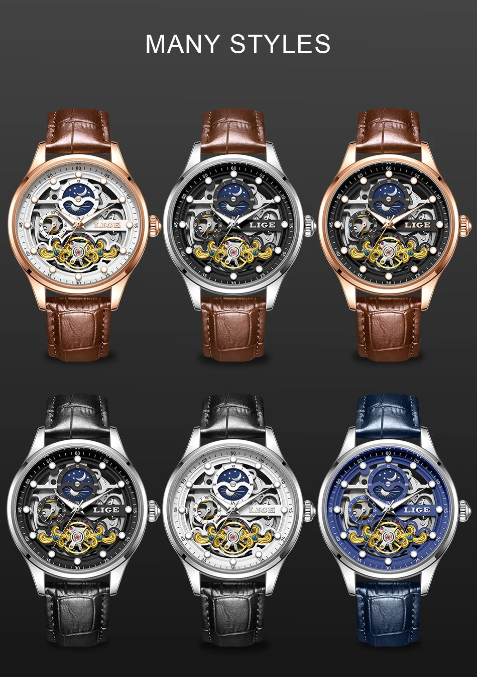 Reloj Hombre Watches Mens LIGE Top Brand Luxury Skeleton Tourbillon Automatic Mechanical Watch for Men Waterproof+Watch Box