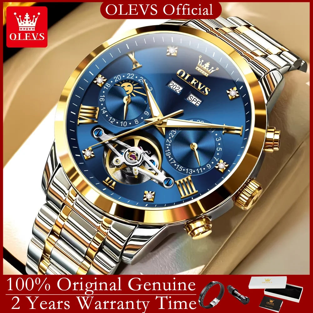 OLEVS 7029 Luxury Man Watch Stainless Steel Hollow Flywheel Moon Phase Exclusive Mechanical Movement Automatic Men's Watches New