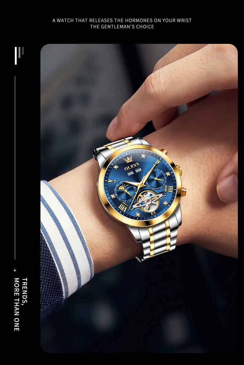 OLEVS 7029 Luxury Man Watch Stainless Steel Hollow Flywheel Moon Phase Exclusive Mechanical Movement Automatic Men's Watches New
