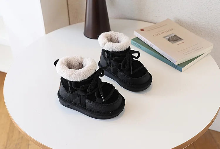 2025 New Winter Children Snow Boots Leather Warm Plush Soft Sole Toddler Boys Shoes Non-slip Fashion Girls Boots EU 21-30