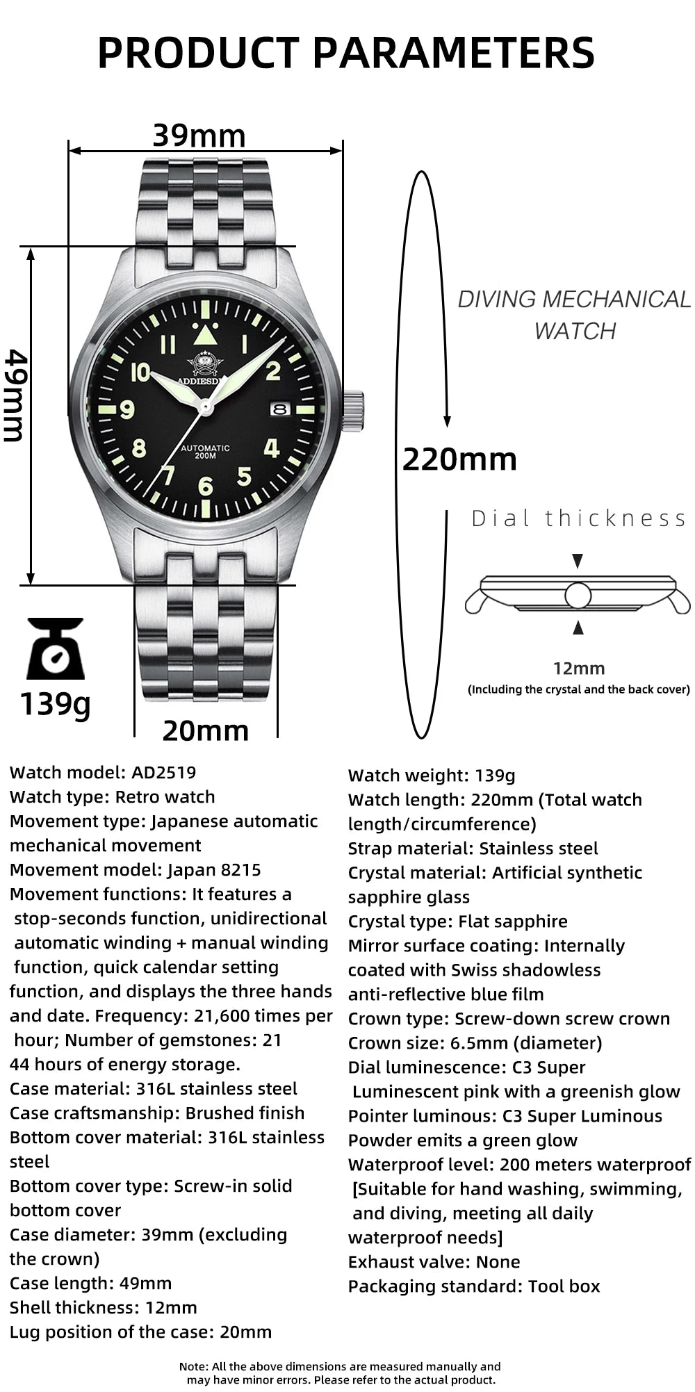 ADDIESDIVE Watches For Men Luxury Business Leisure Automatic Mechanical Men's Watch Fluorescent Waterproof 8215 316L Stainless