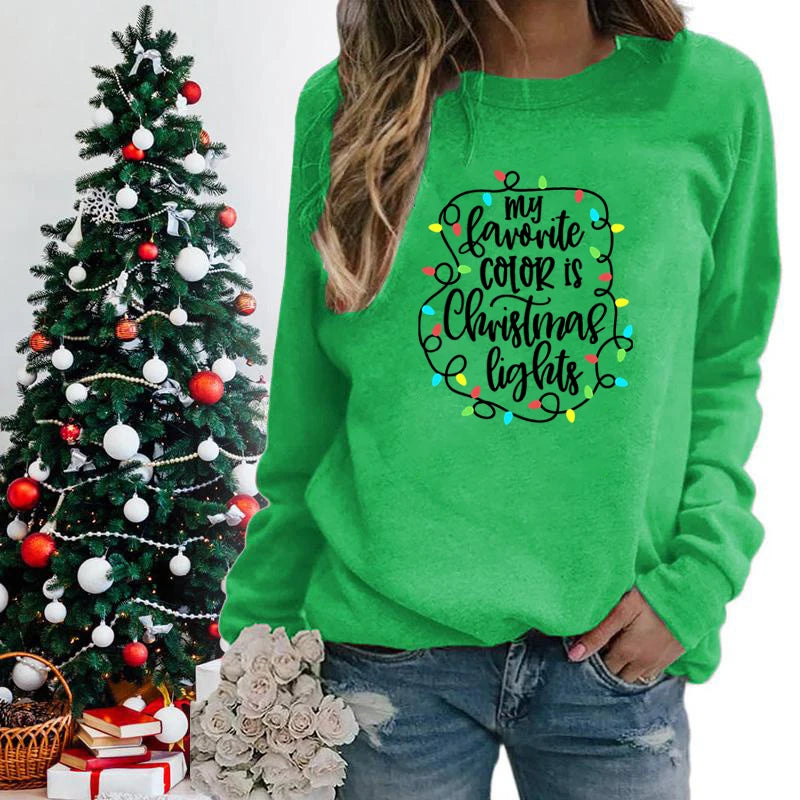 Funny My Favourite Color Is Christmas Lights Print Sweatshirt For Women Crew Neck Long Sleeves Pullover Christmas Sweatshirts