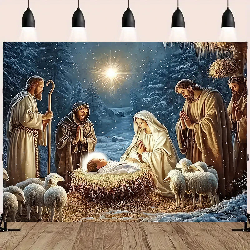 Nativity Scene Starry Night Tapestry Wall Hanging Religious Manger Scene Tapestries Traditional Christmas Birthday Wall Decor