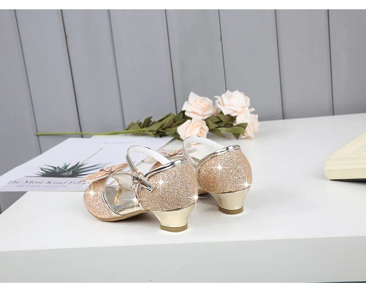 2025 Children Princess Sandals Kids Girls Wedding Shoes High Heels Dress Shoes Bowtie Gold Pink Blue Silver Shoes For Girls