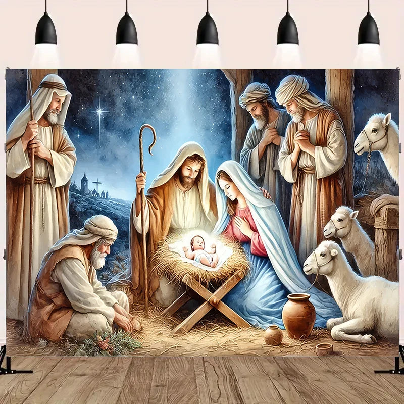 Nativity Scene Starry Night Tapestry Wall Hanging Religious Manger Scene Tapestries Traditional Christmas Birthday Wall Decor
