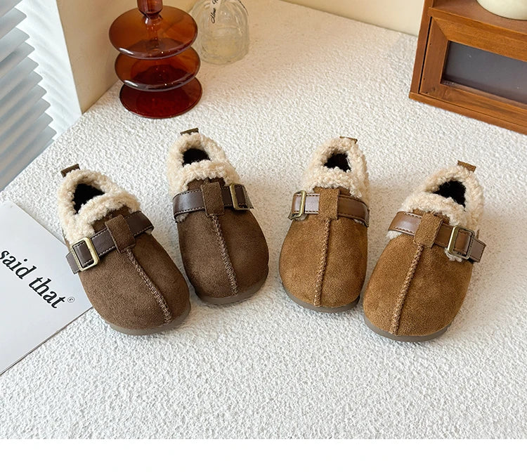 025 Winter New Children's Cotton Shoes for Girls; Soft Bottom One-piece Fur Warm Leather Shoes