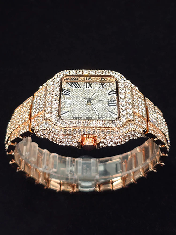 Men's Hip Hop Quartz Watch Fashion Iced out Diamond Men Watch Square Dial Calendar Luminous Feature Wristwatches Gift for Man