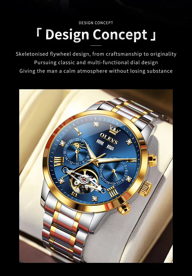 OLEVS 7029 Luxury Man Watch Stainless Steel Hollow Flywheel Moon Phase Exclusive Mechanical Movement Automatic Men's Watches New