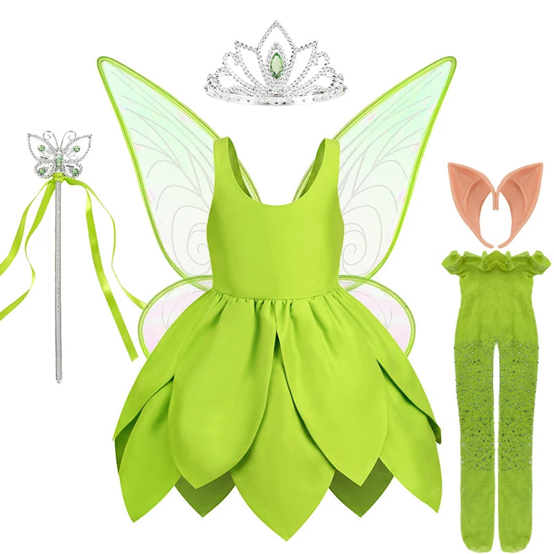 Summer Fancy Girl Green Elf Tinker Bell Backless Dress Christmas Halloween Kids Cosplay Birthday Party Fairy Princess Costumes