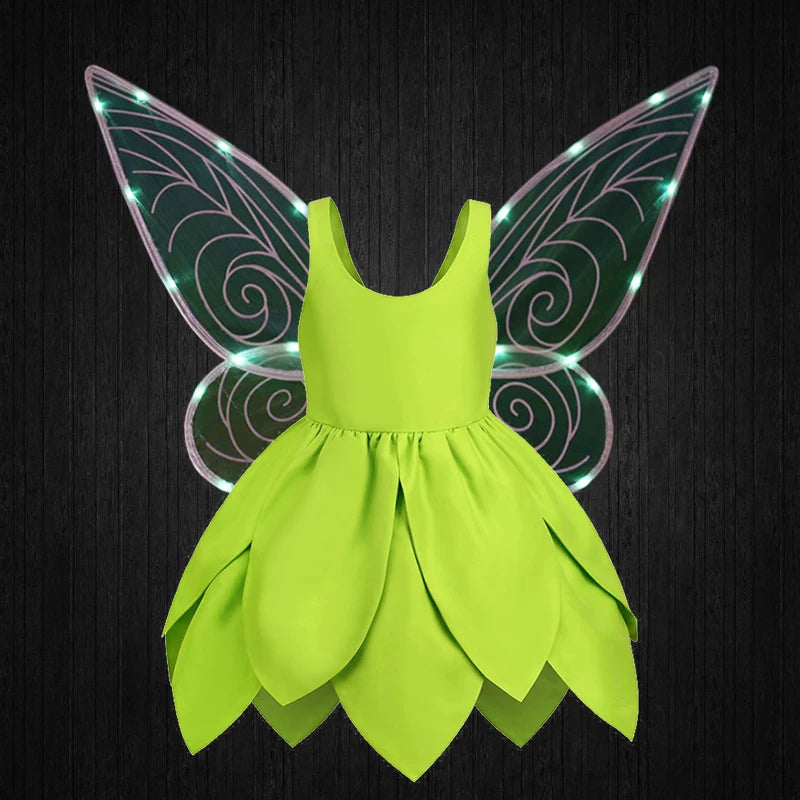Summer Fancy Girl Green Elf Tinker Bell Backless Dress Christmas Halloween Kids Cosplay Birthday Party Fairy Princess Costumes