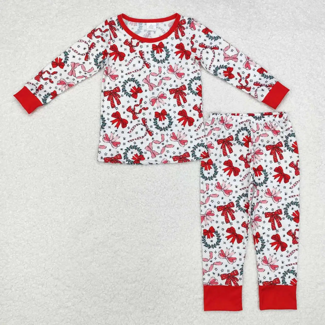 NEW RTS Christmas wholesale girls pajamas set bow pattern bamboo baby girls holiday pajamas clothing