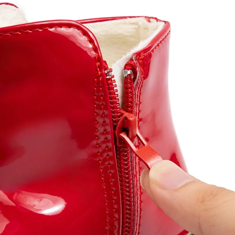 Children's Ankle Boots Winter New Girls Fashion Platform Boots Glossy PU Warm Kids Causal Cotton Boots Sweet Bowknot Versatile