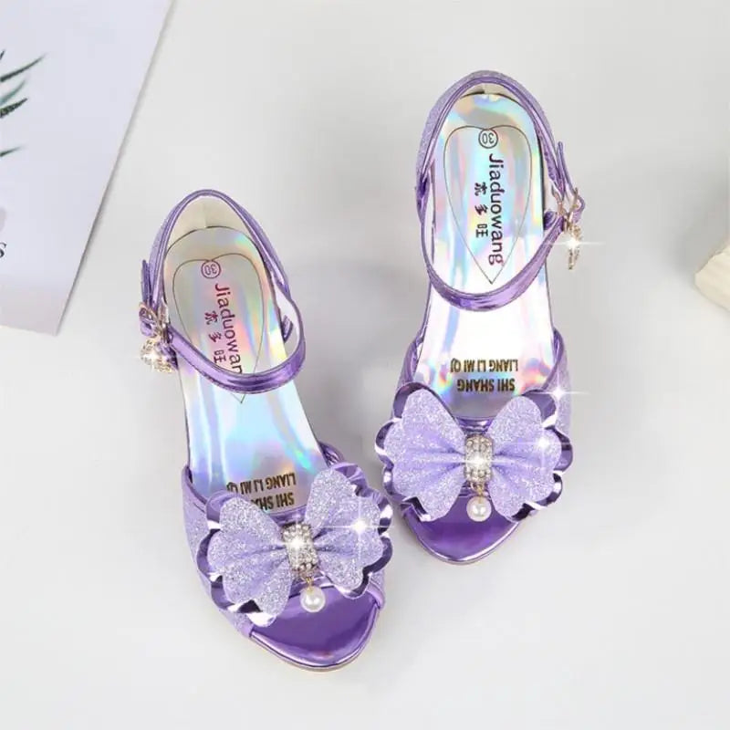 2025 Children Princess Sandals Kids Girls Wedding Shoes High Heels Dress Shoes Bowtie Gold Pink Blue Silver Shoes For Girls