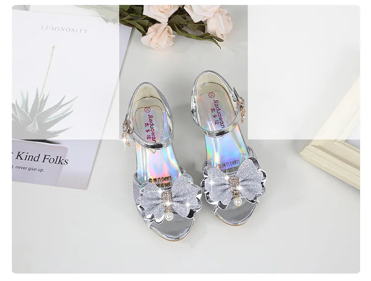 2025 Children Princess Sandals Kids Girls Wedding Shoes High Heels Dress Shoes Bowtie Gold Pink Blue Silver Shoes For Girls