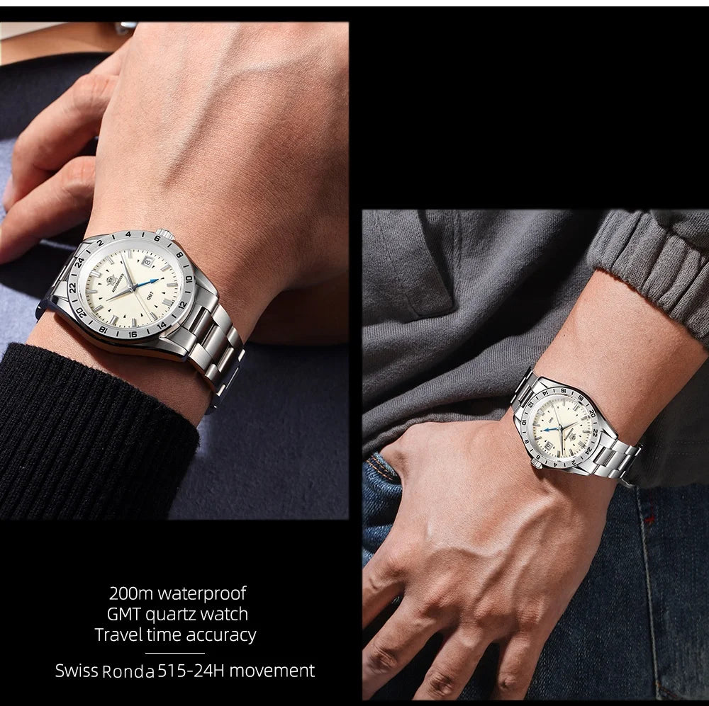 ADDIESDIVE NEW AD2063 38mm GMT Men's Watch Sapphire Glass Calendar 316L Stainless Steel Luxury Waterproof Watches Reloj Hombre