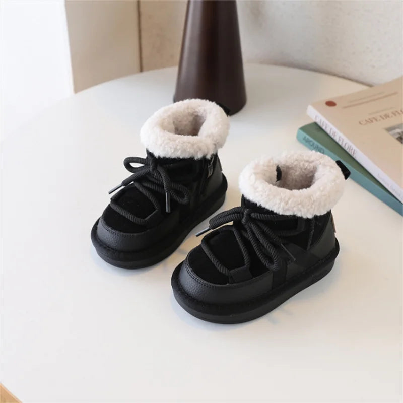 2025 New Winter Children Snow Boots Leather Warm Plush Soft Sole Toddler Boys Shoes Non-slip Fashion Girls Boots EU 21-30