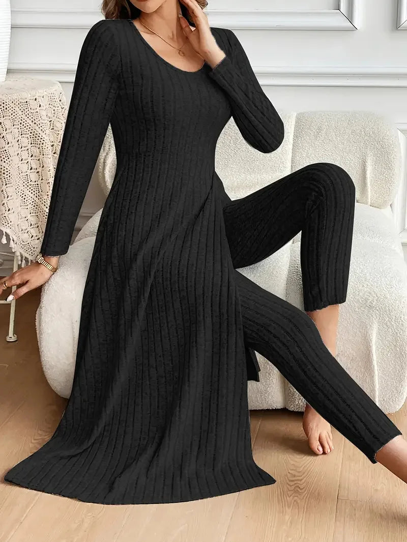 2025 Autumn Winter Home Casual Women's Suit Fashionable Solid Color Round Collar Super Long Slit Top Slim Trousers Two-piece Set