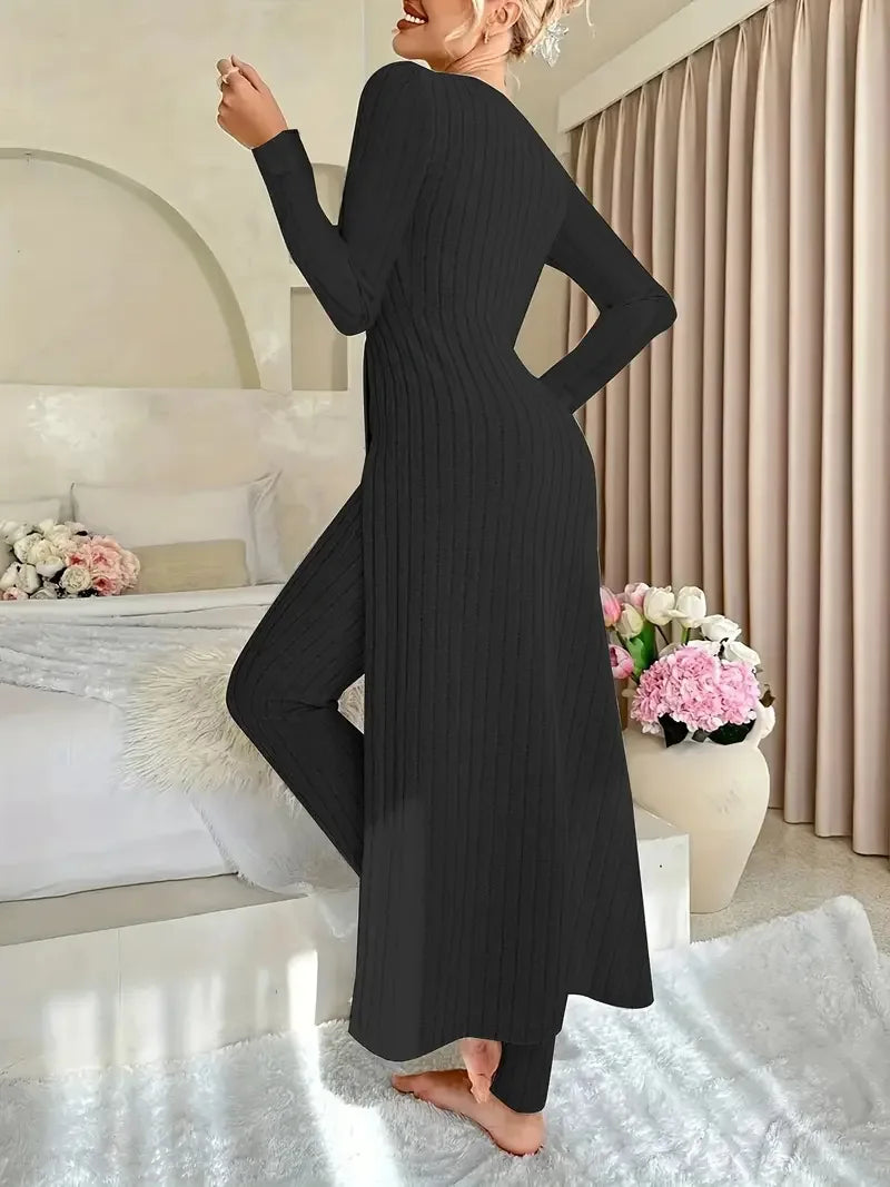 2025 Autumn Winter Home Casual Women's Suit Fashionable Solid Color Round Collar Super Long Slit Top Slim Trousers Two-piece Set
