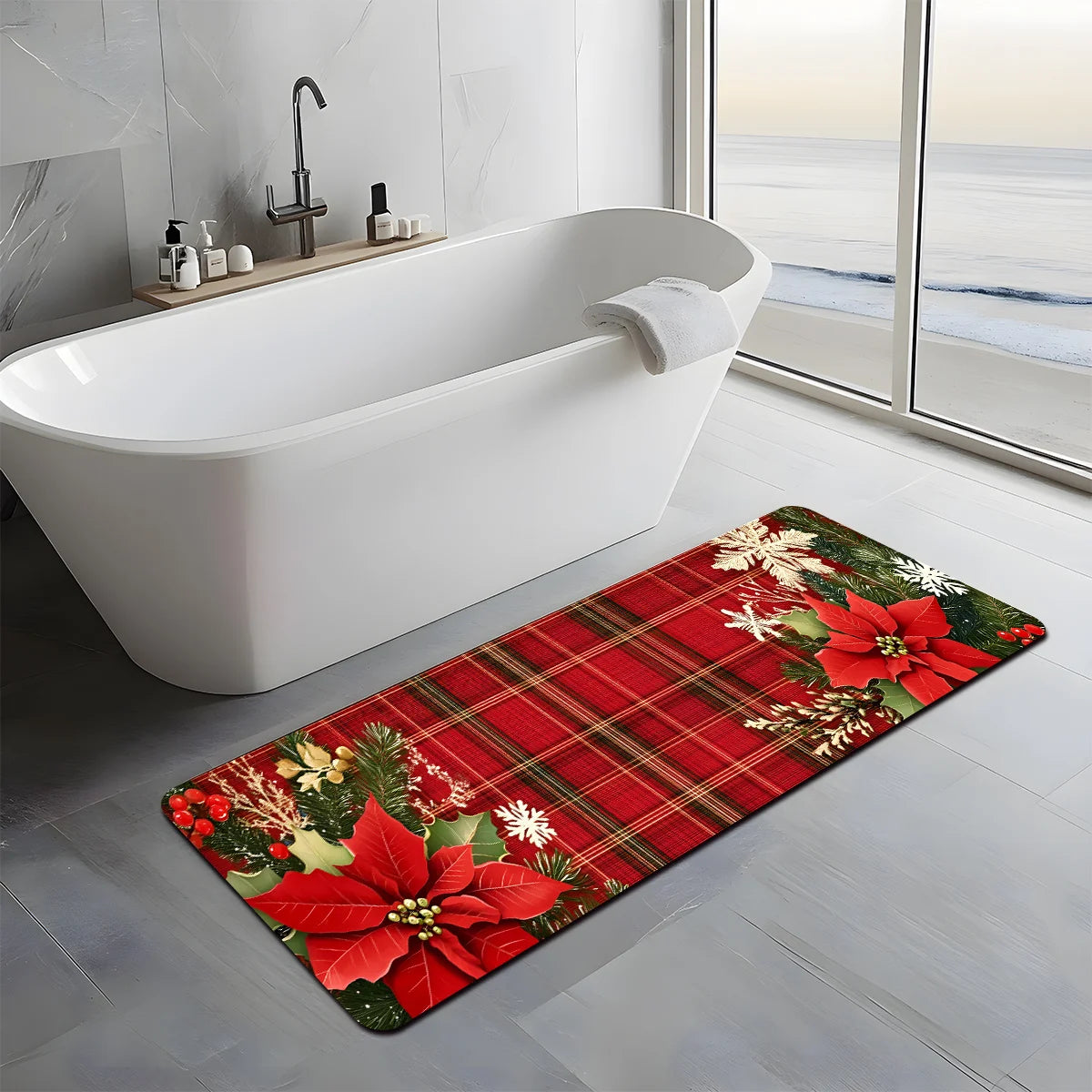 VIKAMA Christmas Checkered Corridor Floor Mats, Machine Washable, Bedside/Sofa Rugs, Kitchen Carpets, Home Decorations