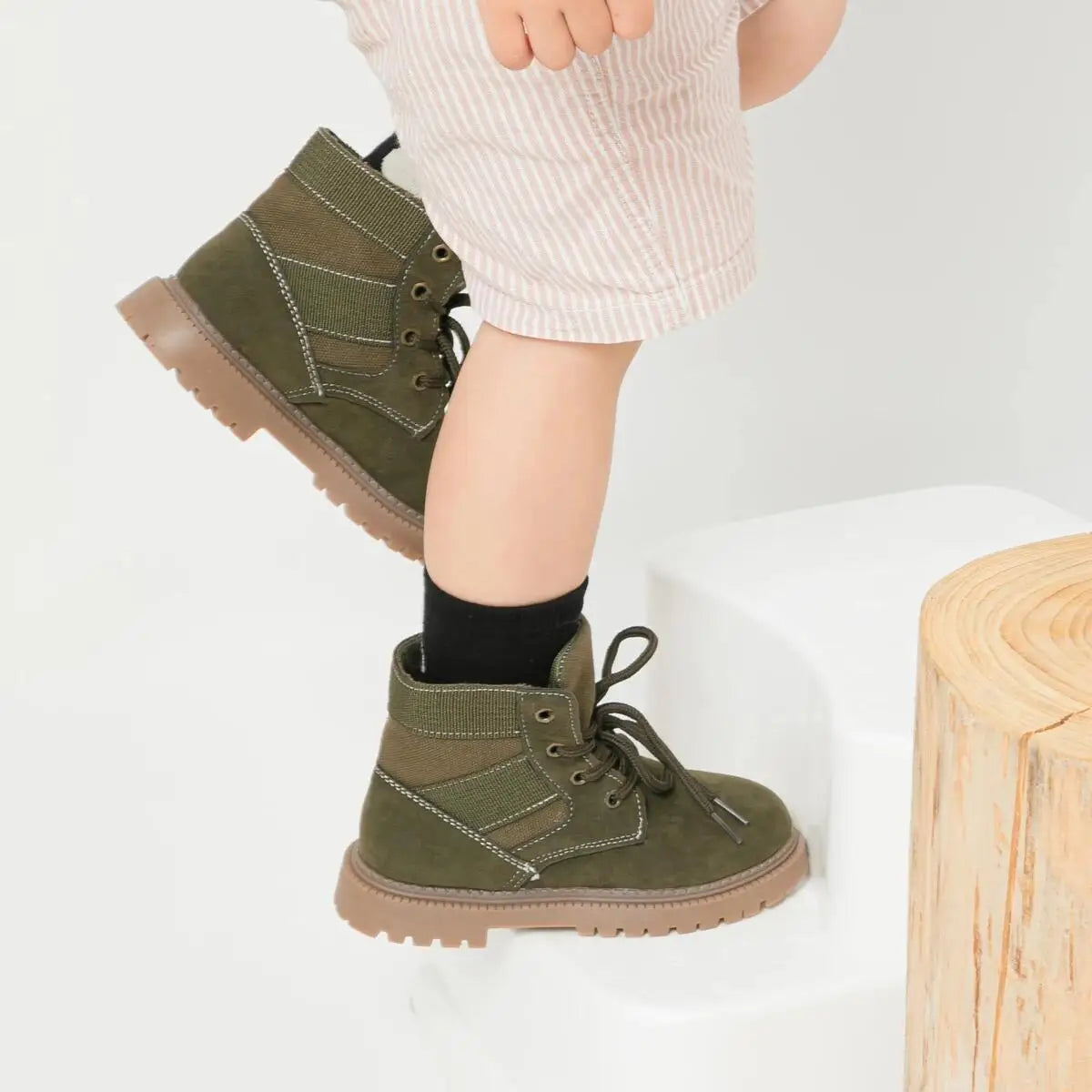 Four Seasons Children's Casual Booties Kids Fashion Design High-top Solid Color Lace-up Martin Boots Rubber Soft Anti-slip Sole