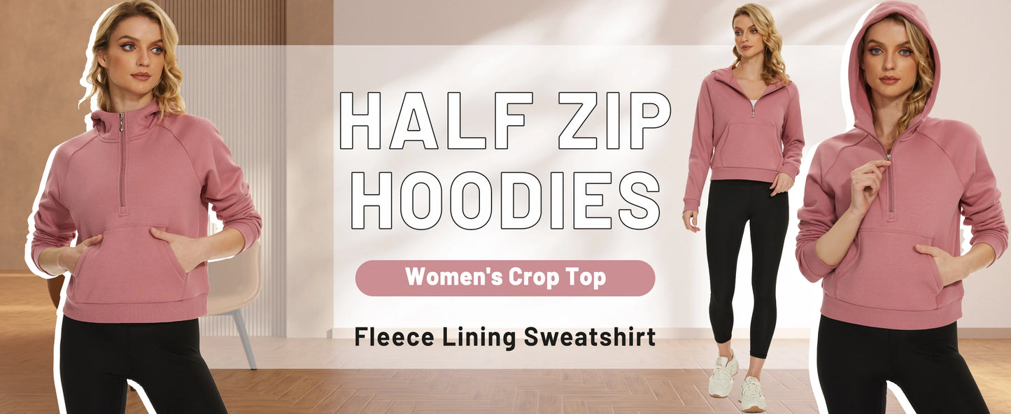 TACVASEN Winter Half Zip Hooded Cotton Pullover Womens Fleece Lined Warm Sweatshirt Thermal Lightweight Outdoor Casual Crop Tops