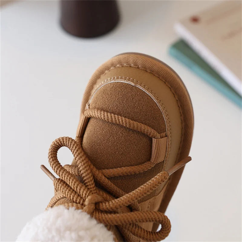 2025 New Winter Children Snow Boots Leather Warm Plush Soft Sole Toddler Boys Shoes Non-slip Fashion Girls Boots EU 21-30