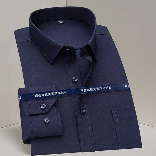 Men Formal Shirt Long Sleeve Office Solid Color Anti-Wrinkle Fashion Business Pocket White Blue Social Pocket Shirts 5XL 6XL 7XL