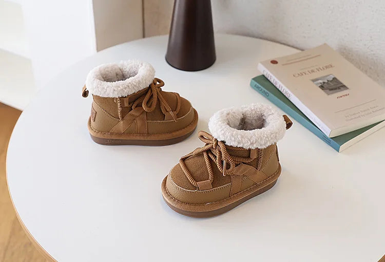 2025 New Winter Children Snow Boots Leather Warm Plush Soft Sole Toddler Boys Shoes Non-slip Fashion Girls Boots EU 21-30