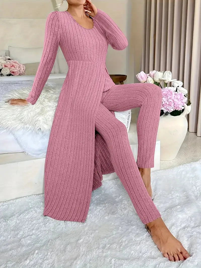 2025 Autumn Winter Home Casual Women's Suit Fashionable Solid Color Round Collar Super Long Slit Top Slim Trousers Two-piece Set