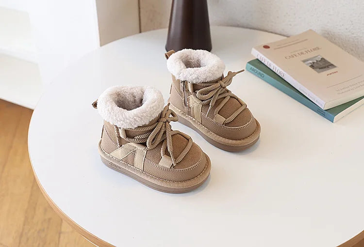 2025 New Winter Children Snow Boots Leather Warm Plush Soft Sole Toddler Boys Shoes Non-slip Fashion Girls Boots EU 21-30