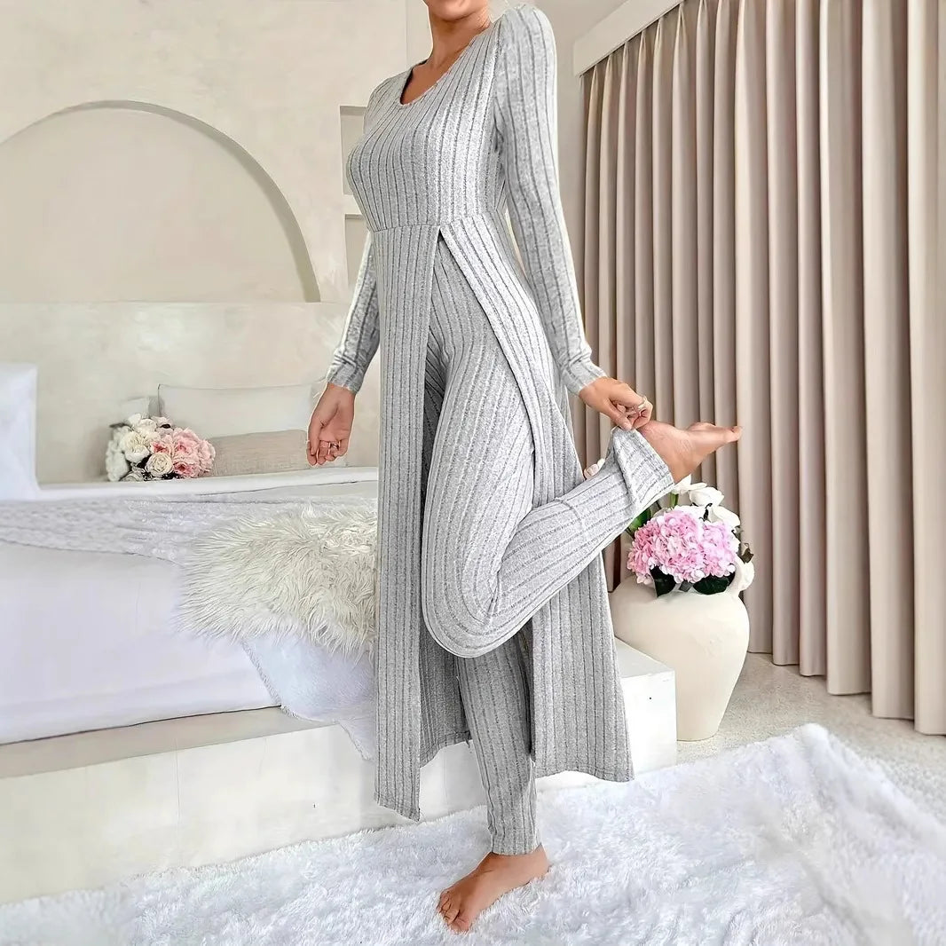 2025 Autumn Winter Home Casual Women's Suit Fashionable Solid Color Round Collar Super Long Slit Top Slim Trousers Two-piece Set