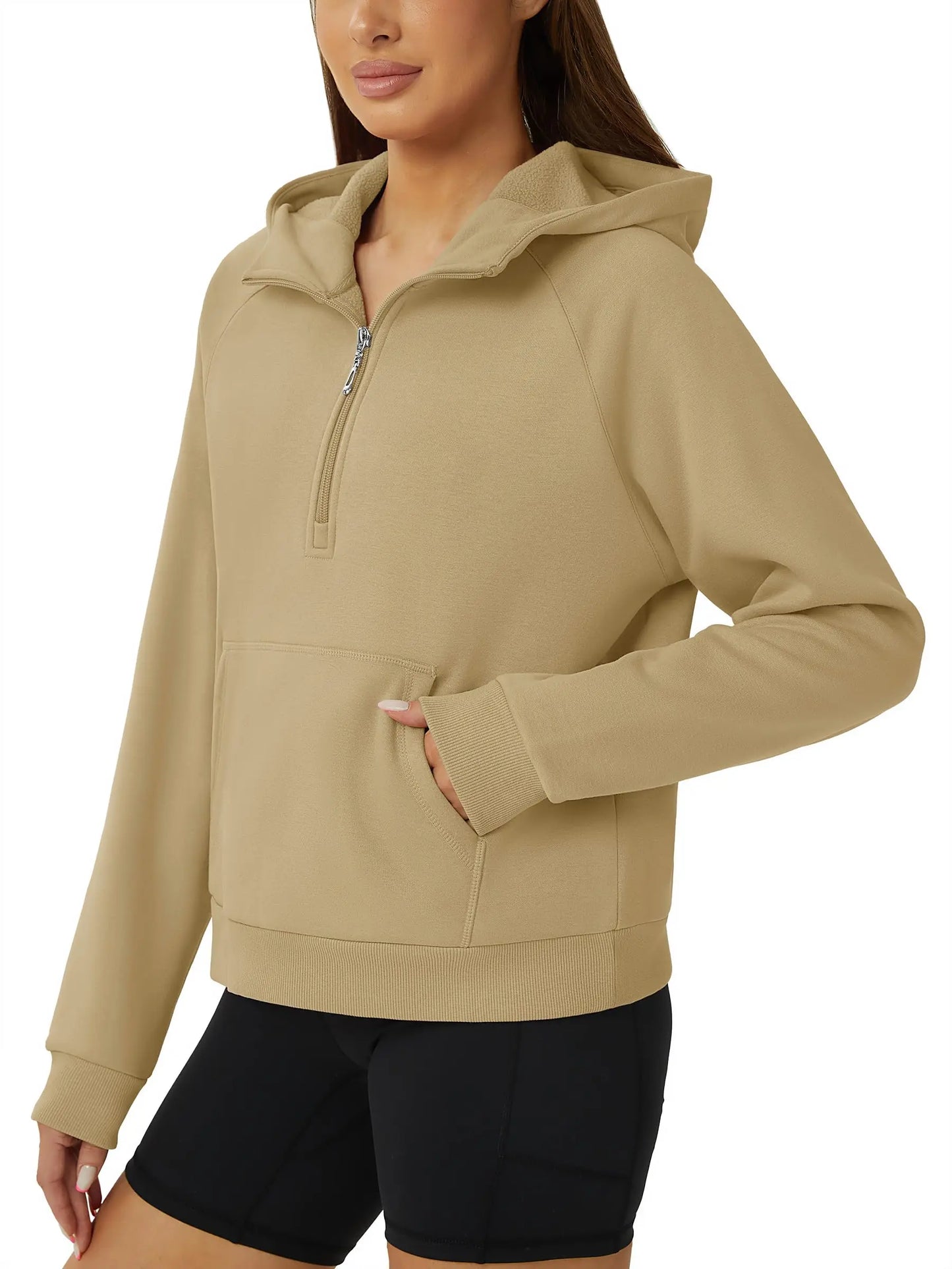 TACVASEN Winter Half Zip Hooded Cotton Pullover Womens Fleece Lined Warm Sweatshirt Thermal Lightweight Outdoor Casual Crop Tops