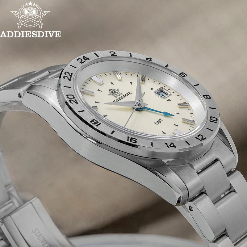 ADDIESDIVE NEW AD2063 38mm GMT Men's Watch Sapphire Glass Calendar 316L Stainless Steel Luxury Waterproof Watches Reloj Hombre