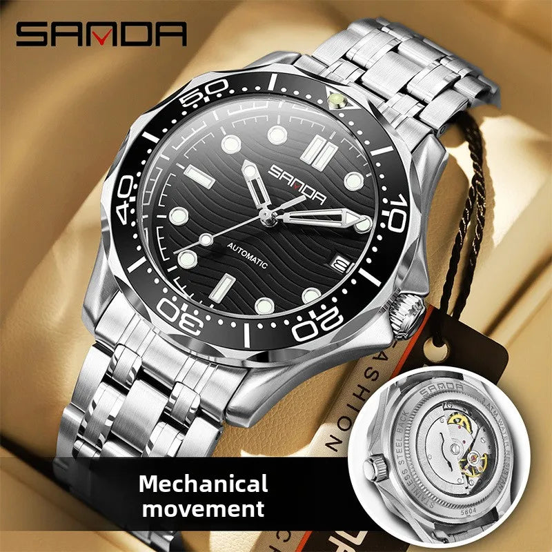 SANDA 2025 New Advanced Mechanical Watch Men's Waterproof Calendar Night Light Rotating Timing Circle Business Sports Watch