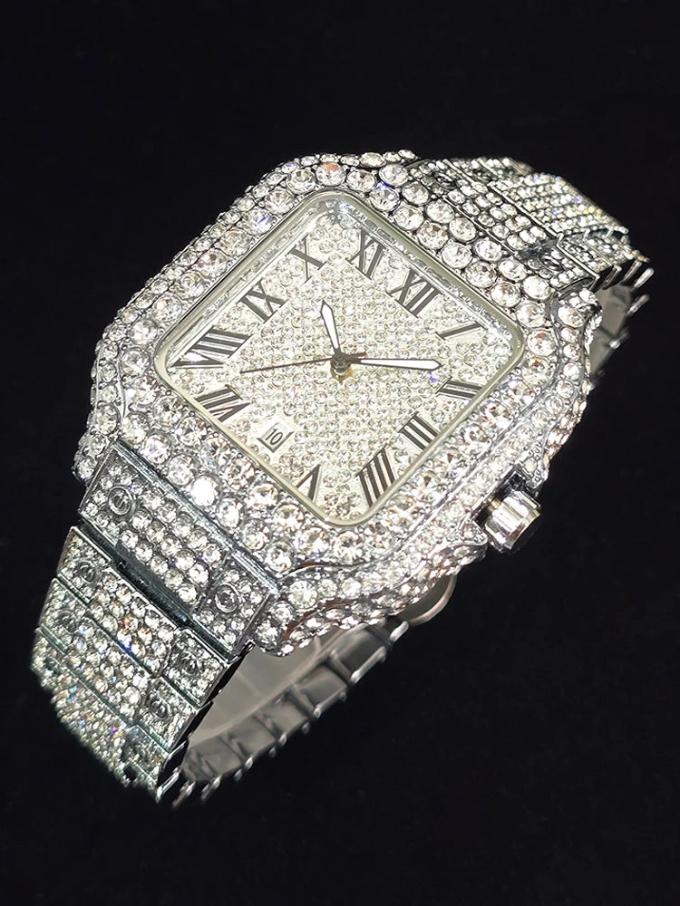 Men's Hip Hop Quartz Watch Fashion Iced out Diamond Men Watch Square Dial Calendar Luminous Feature Wristwatches Gift for Man