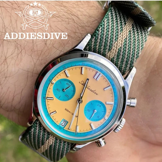 ADDIESDIVE Men Chronograph Watch VK64 316L Stainless Steel BGW9 Luminous 100m Waterproof Bubble Mirror Glass Quartz Watch AD2095