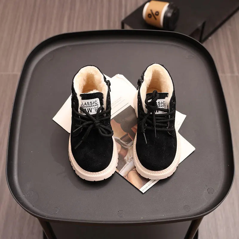 Children's Winter Fashion Cotton Shoes Boys' Warm Cotton Lined Ankle Boots for Boys Girls Side Zipper Retro Snow Thermal Boots