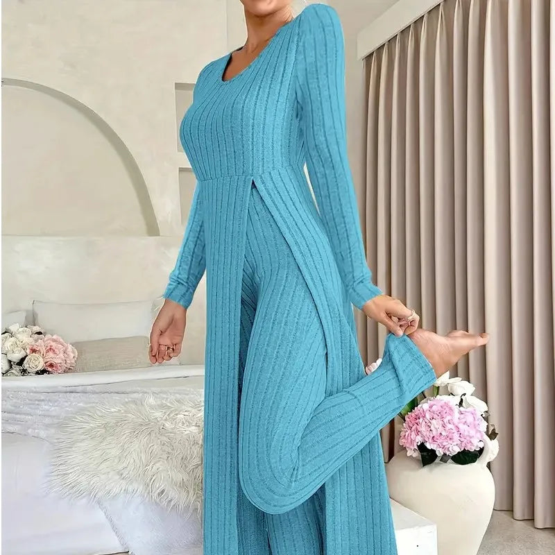 2025 Autumn Winter Home Casual Women's Suit Fashionable Solid Color Round Collar Super Long Slit Top Slim Trousers Two-piece Set