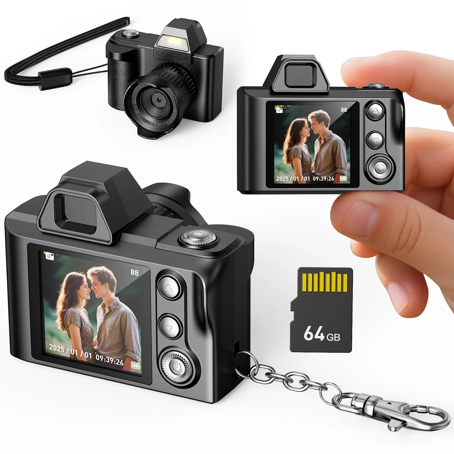 Mini Keychain Camera Fun 4K Pocket Digital Tiny Camera with 64GB Card for Kids Adults Collectible Gift for Birthdays Christmas