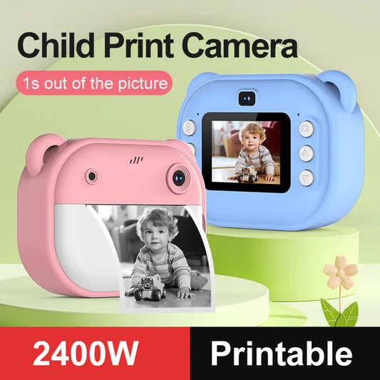 Children 1080P HD Digital Cartoon Bear Camera Instant Photo Printing Camera Thermal Print Camera Kids Toy Camera+32G Memory Card
