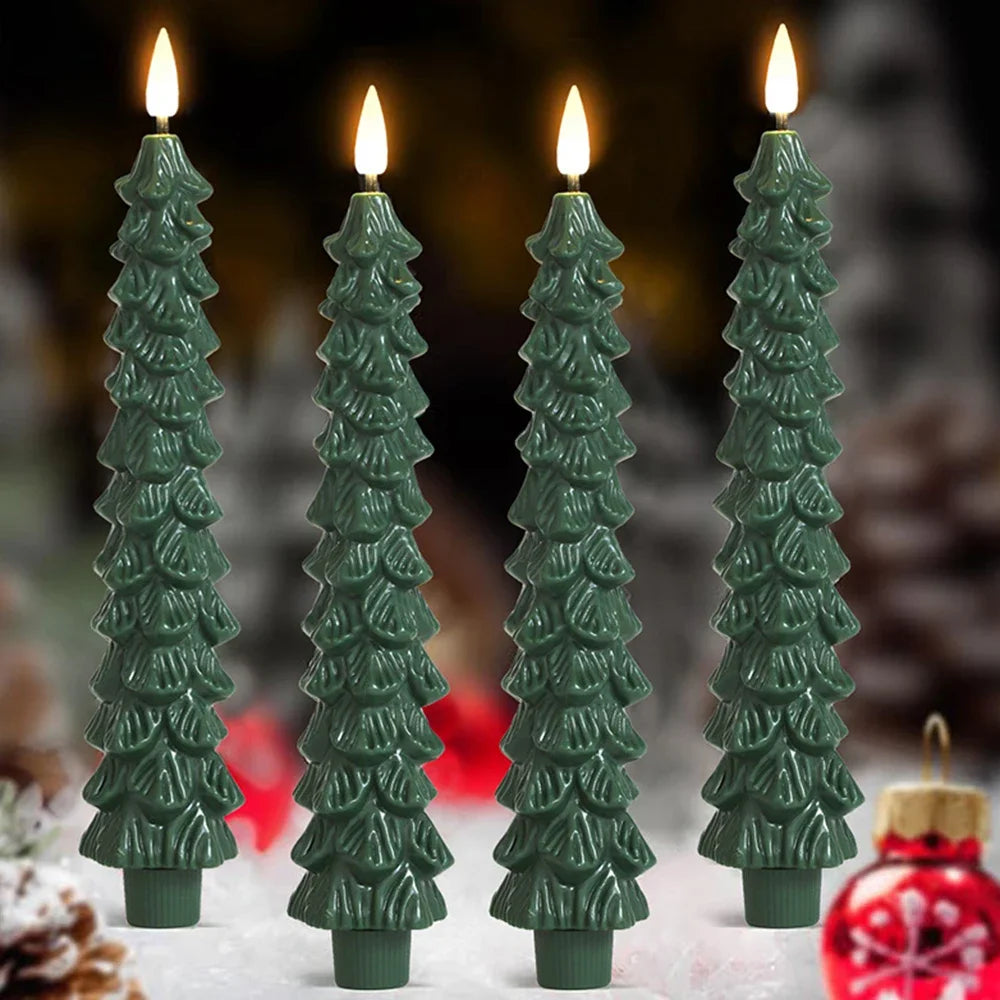 2pc/4pcs Christmas Tree LED Flameless Candles Light with 3D Flame Wick Green LED Candlesticks  Operated for Christmas Home Decor