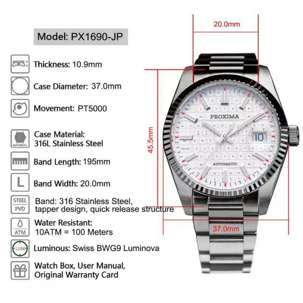 PX1690-JP 37mm Men Dress Watch Luxury Sapphire Keyboard Dial  Mechanical Watches Waterproof Luminous