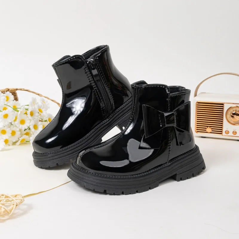 Children's Ankle Boots Winter New Girls Fashion Platform Boots Glossy PU Warm Kids Causal Cotton Boots Sweet Bowknot Versatile