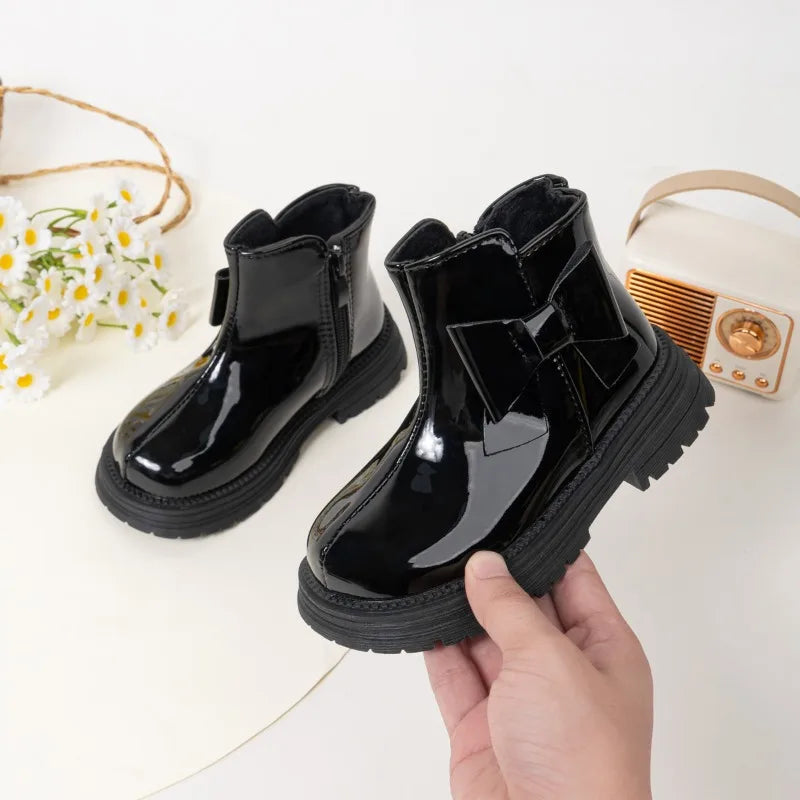 Children's Ankle Boots Winter New Girls Fashion Platform Boots Glossy PU Warm Kids Causal Cotton Boots Sweet Bowknot Versatile