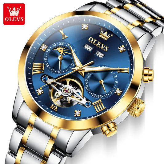 OLEVS 7029 Watches for Men Luxury Hollow Flywheel Moon Phase Calendar Waterproof Luminous Automatic Mechanical Men's Watches NEW