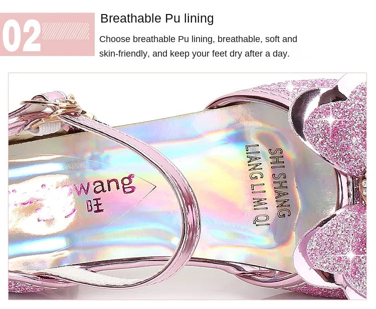 2025 Children Princess Sandals Kids Girls Wedding Shoes High Heels Dress Shoes Bowtie Gold Pink Blue Silver Shoes For Girls