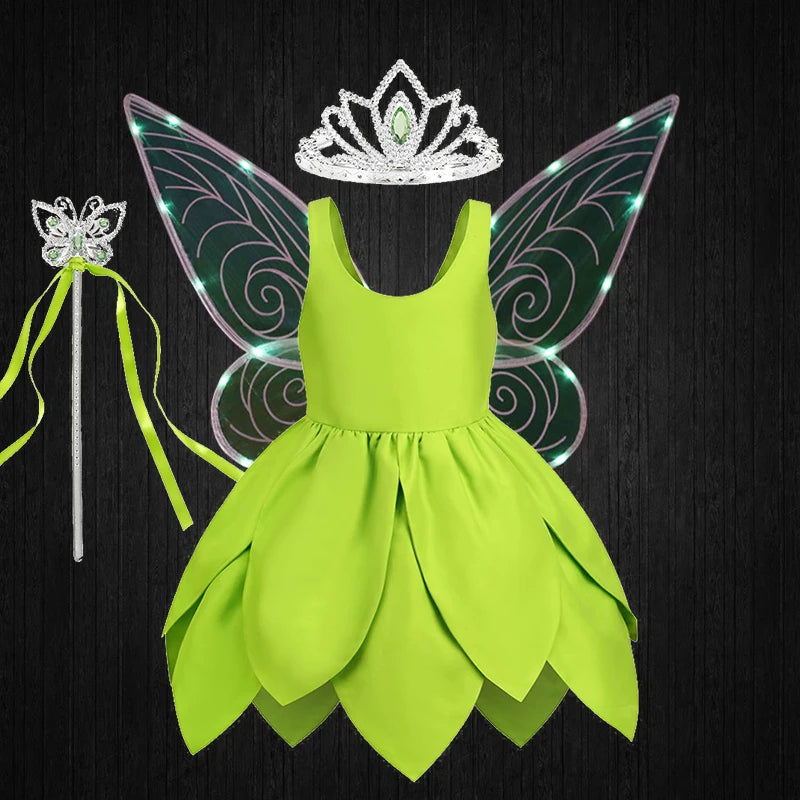Summer Fancy Girl Green Elf Tinker Bell Backless Dress Christmas Halloween Kids Cosplay Birthday Party Fairy Princess Costumes